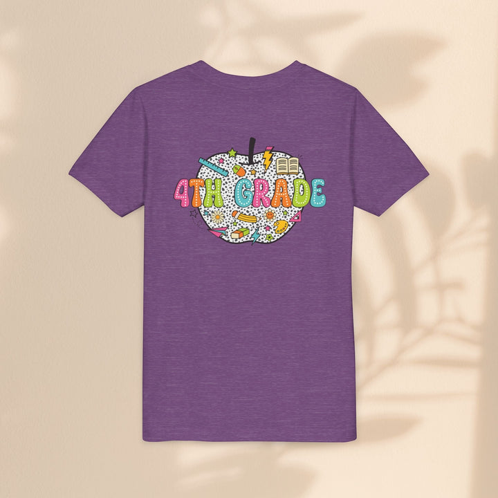 Sea Dragon Dreams purple youth t-shirt with a colorful 4th Grade apple graphic featuring school supplies on the back.