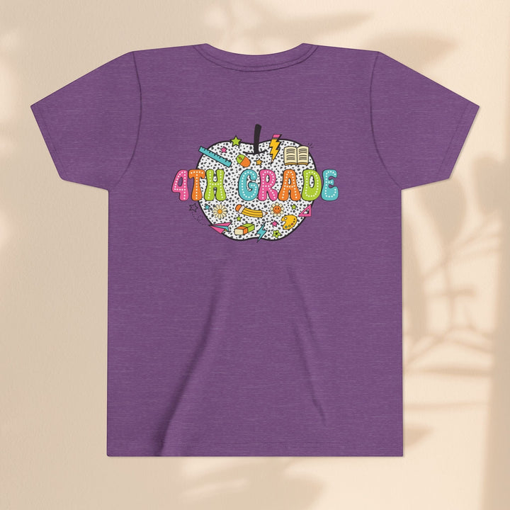 Sea Dragon Dreams purple youth t-shirt featuring a 4th Grade apple graphic with school supplies and colorful text.