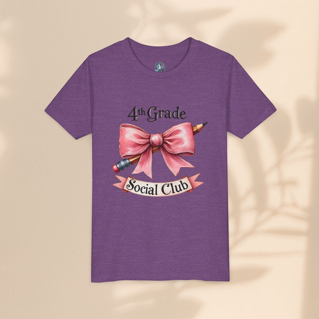 Sea Dragon Dreams purple youth short sleeve cotton tee with 4th Grade Social Club pencil and pink bow graphic print.
