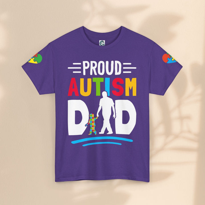 Sea Dragon Dreams purple heavy cotton t-shirt featuring a colorful Proud Autism Dad graphic with father and child.