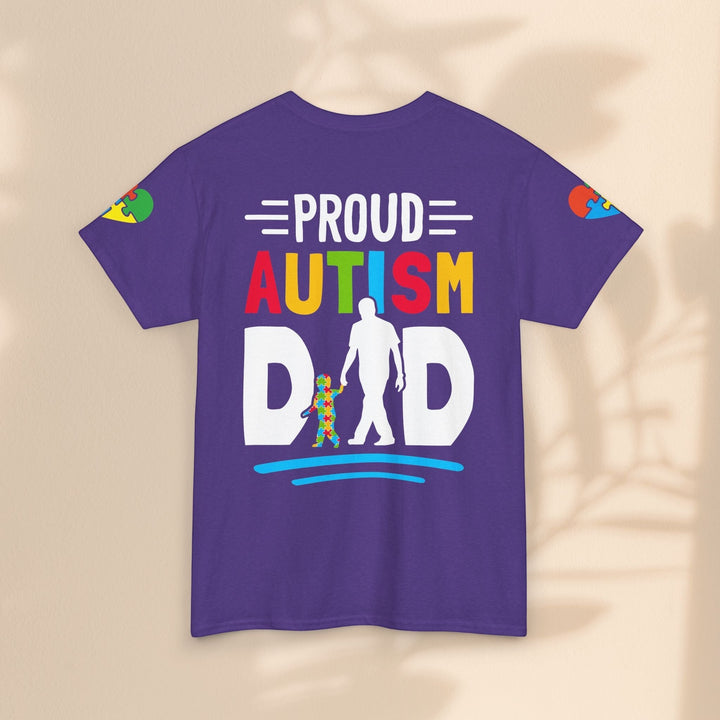 Sea Dragon Dreams purple heavy cotton t-shirt with Proud Autism Dad graphic featuring a father and child silhouette.