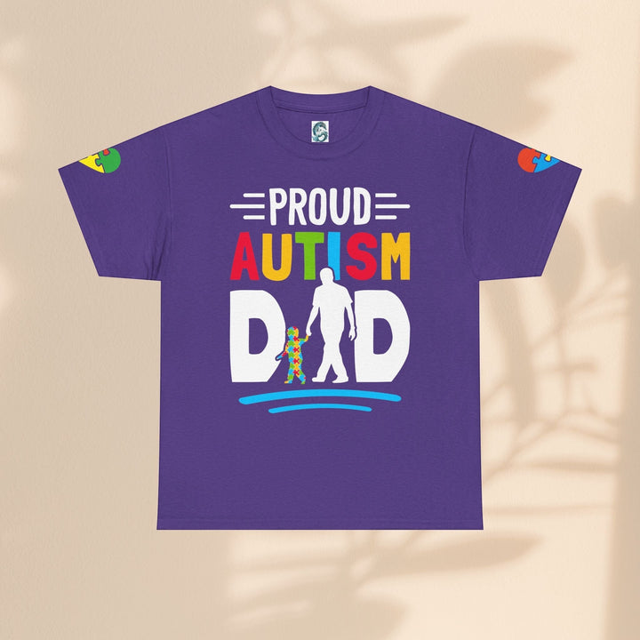 Sea Dragon Dreams purple heavy cotton t-shirt with Proud Autism Dad graphic, featuring puzzle piece accents on sleeves.
