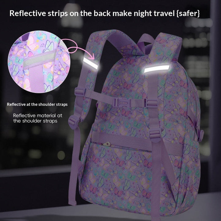 Sea Dragon Dreams purple butterfly print backpack with reflective shoulder straps for night safety