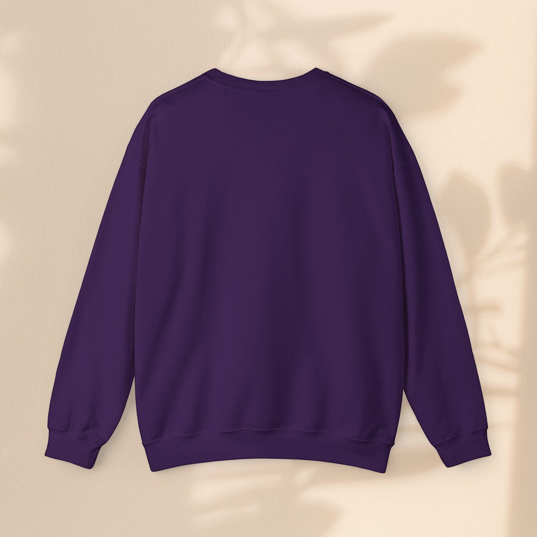 Sea Dragon Dreams unisex purple crewneck sweatshirt, back view, made from a durable cotton-polyester blend.