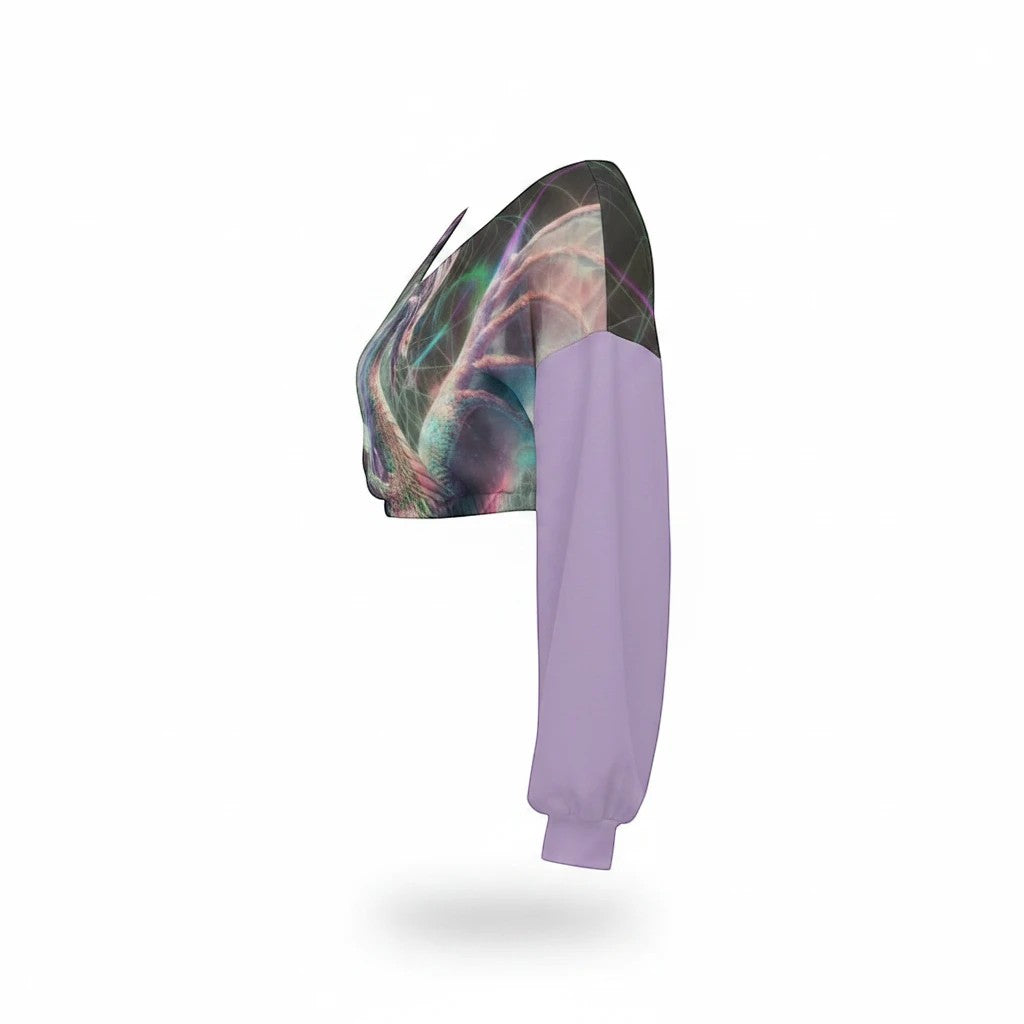 Sea Dragon Dreams purple V-neck long sleeve cropped sweatshirt with abstract dragon print and elasticated cuffs