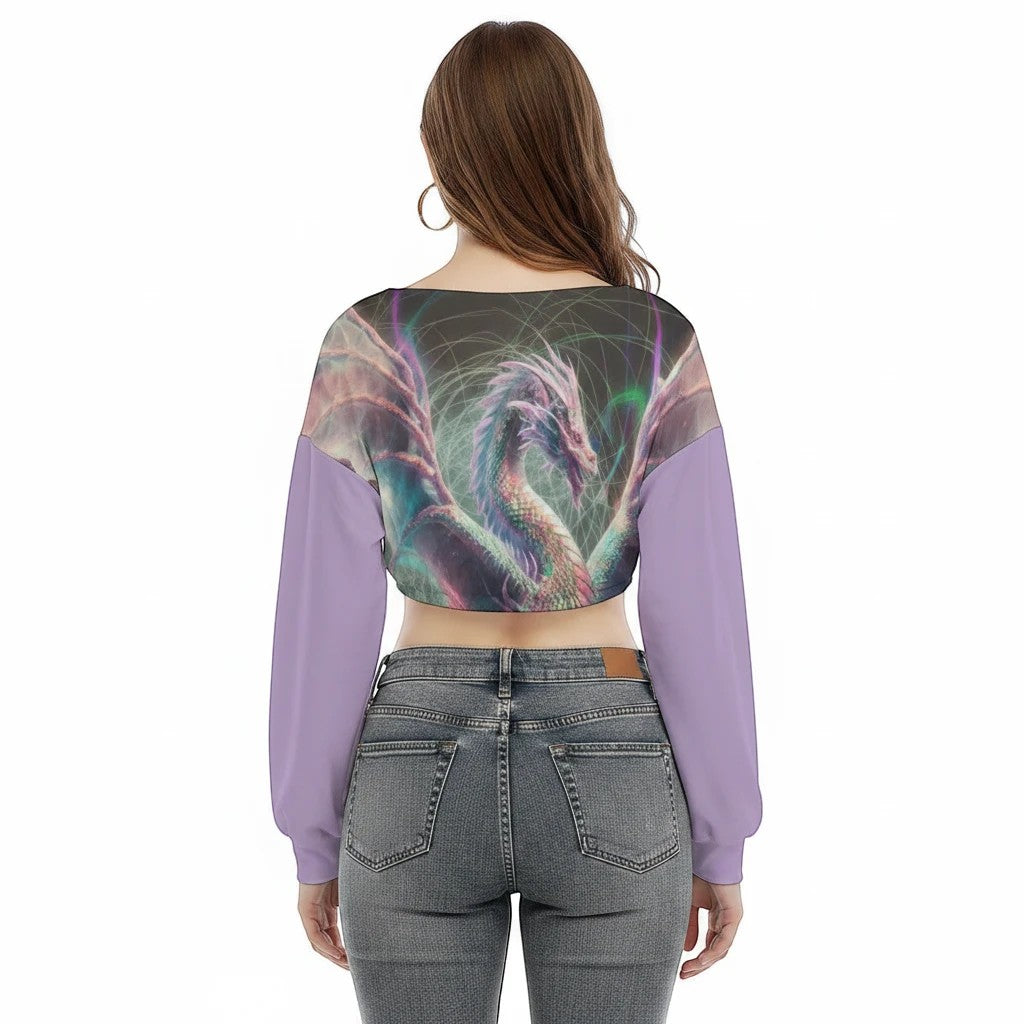 Sea Dragon Dreams purple long sleeve cropped V-neck sweatshirt featuring a detailed dragon graphic on the back