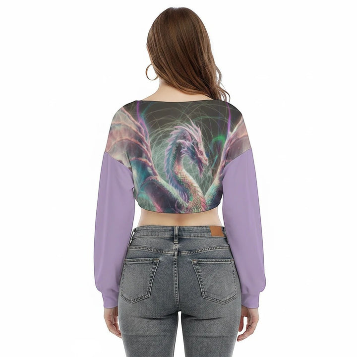 Sea Dragon Dreams purple long sleeve cropped V-neck sweatshirt featuring a detailed dragon graphic on the back
