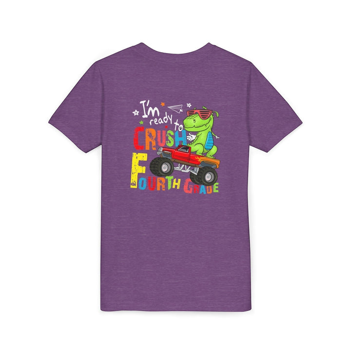 Sea Dragon Dreams purple youth t-shirt featuring a dinosaur driving a monster truck with Fourth Grade graphic print.