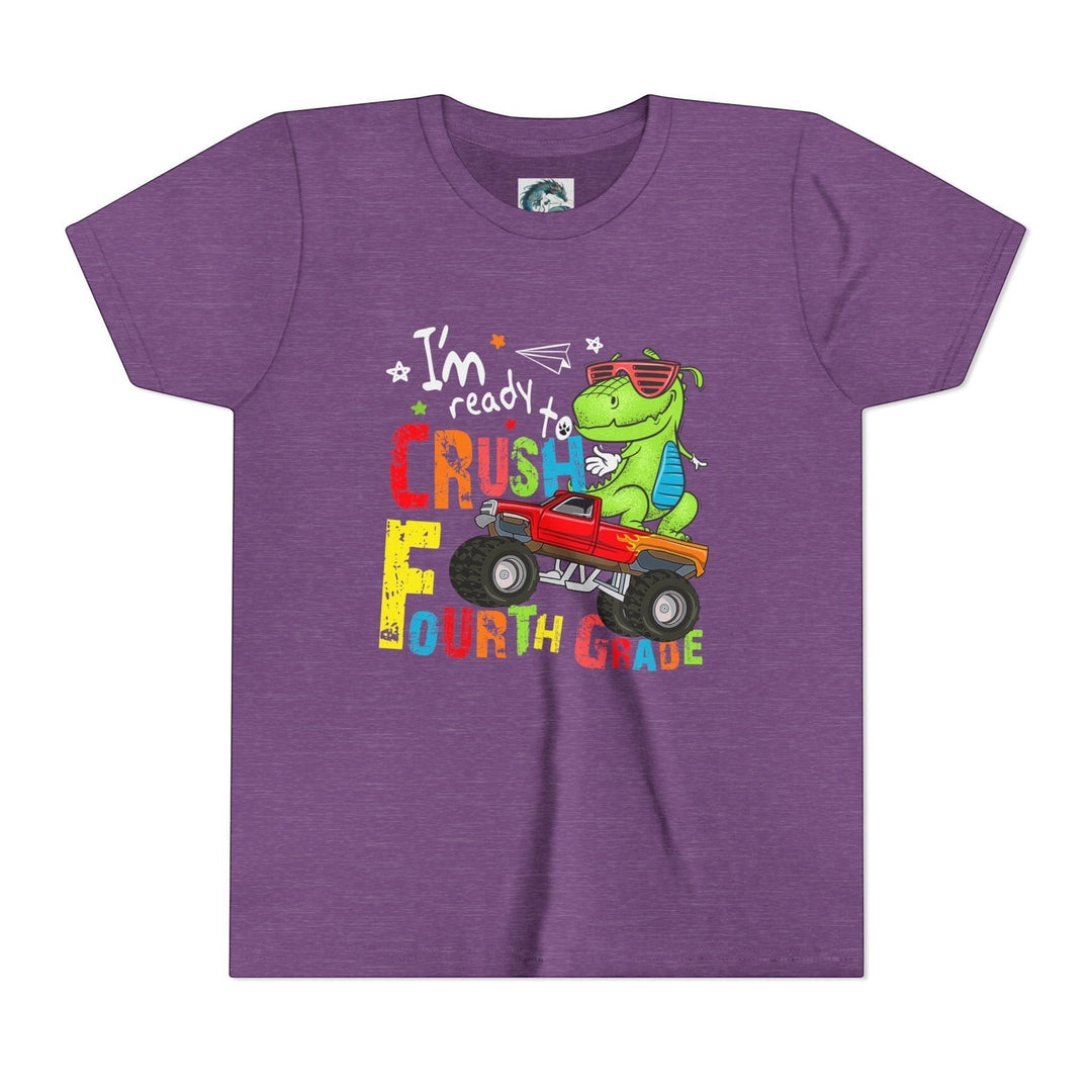 Sea Dragon Dreams purple youth t-shirt featuring a dinosaur driving a monster truck with Fourth Grade graphic
