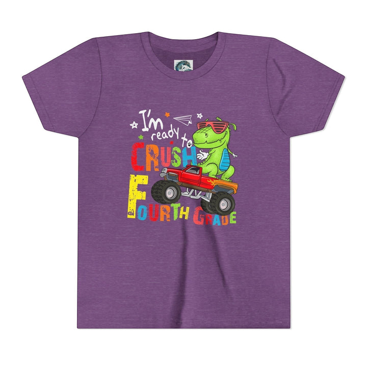 Sea Dragon Dreams purple youth t-shirt featuring a dinosaur driving a monster truck with Fourth Grade graphic