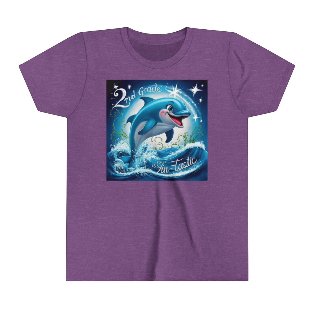 Sea Dragon Dreams purple youth short sleeve tee featuring a playful dolphin graphic and 2nd Grade FinTastic text.