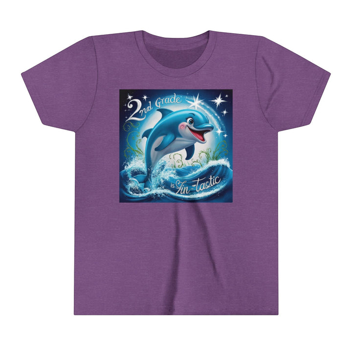 Sea Dragon Dreams purple youth short sleeve tee featuring a playful dolphin graphic and 2nd Grade FinTastic text.