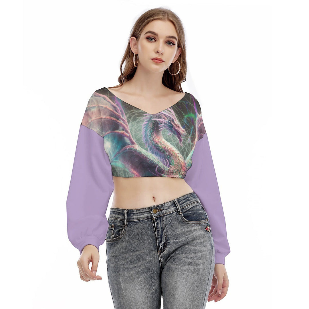 Sea Dragon Dreams purple V-neck long sleeve cropped sweatshirt with a detailed dragon graphic print