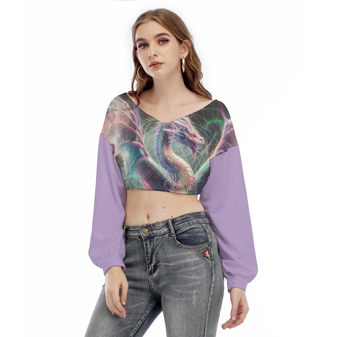 Sea Dragon Dreams purple V-neck long sleeve cropped sweatshirt with a detailed dragon graphic print