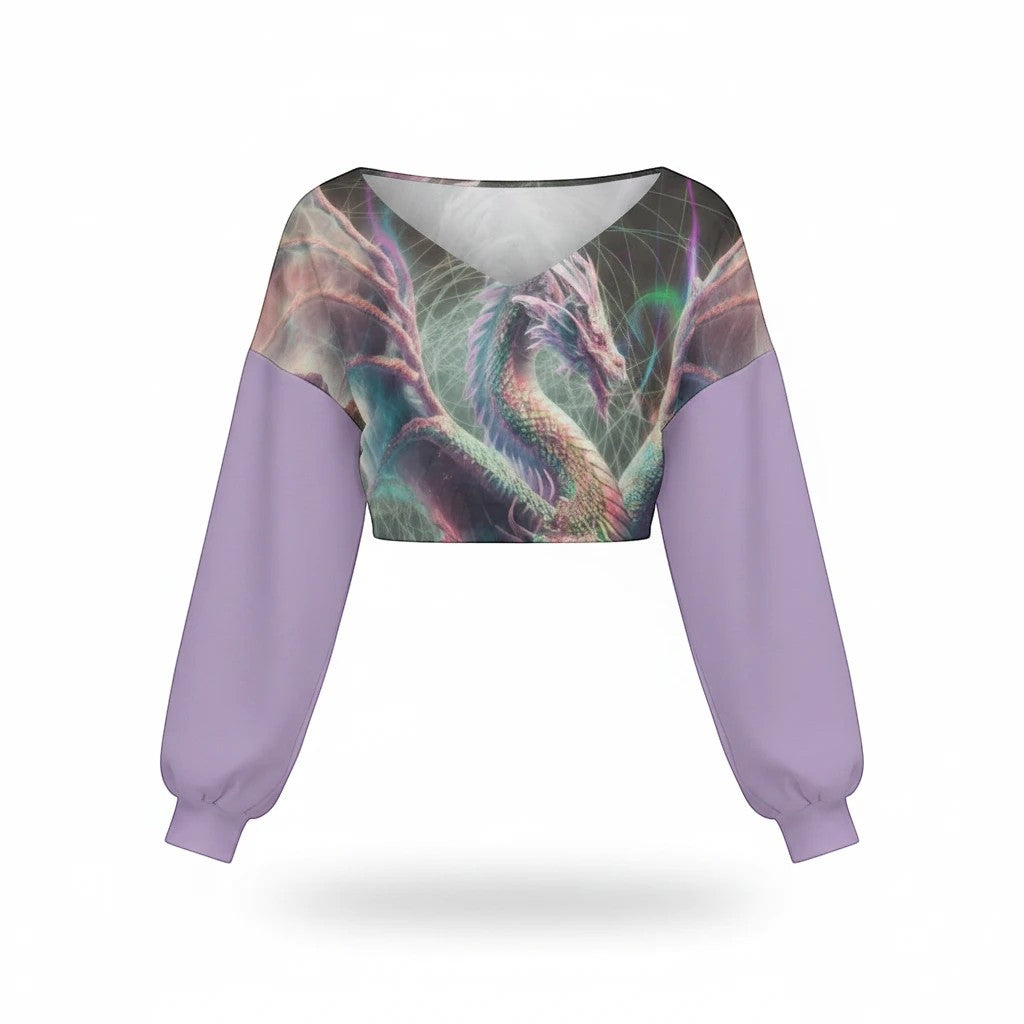 Sea Dragon Dreams purple V-neck long sleeve cropped sweatshirt with a detailed dragon graphic print.