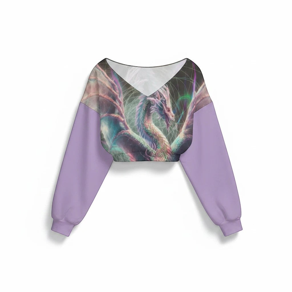Sea Dragon Dreams purple cropped V-neck sweatshirt featuring a detailed dragon graphic on the chest and long sleeves.