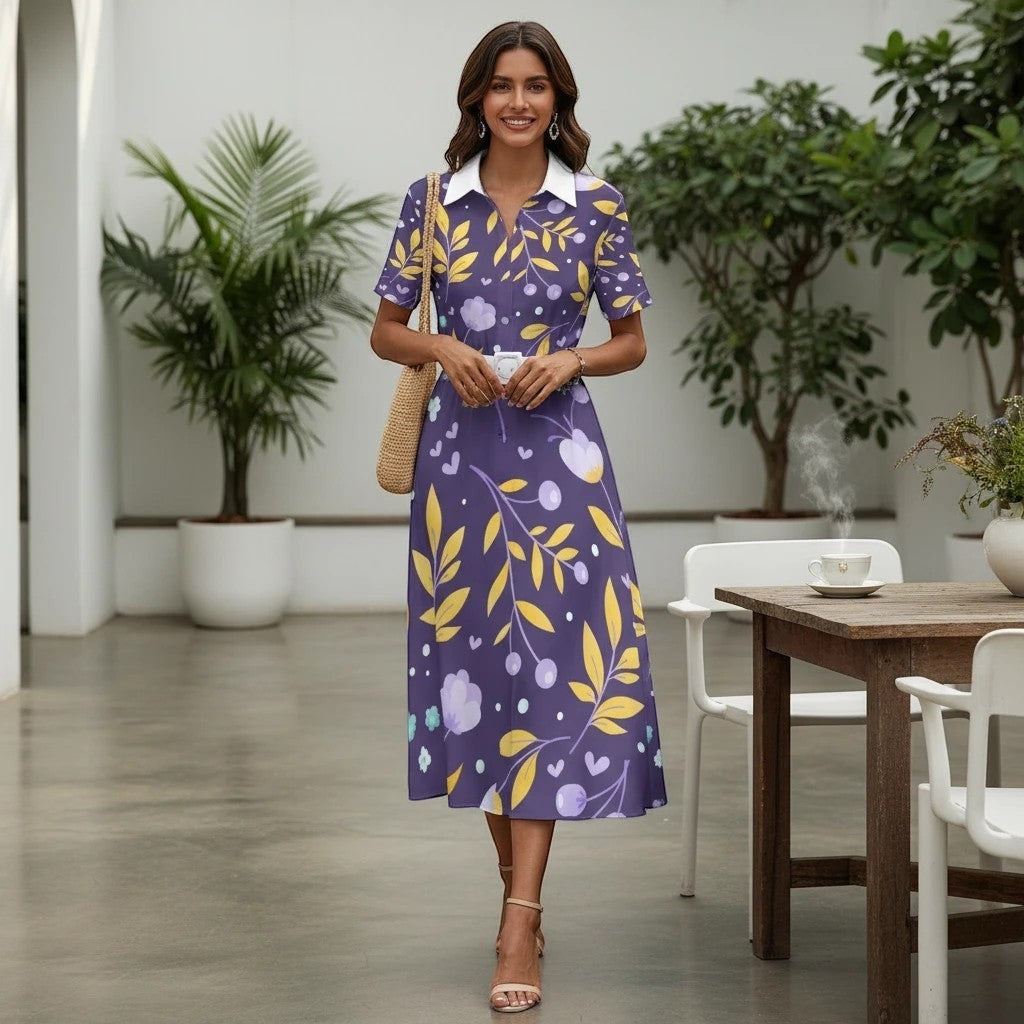 Sea Dragon Dreams purple shirt dress with white collar and artistic floral print, featuring a waist tie and midi cut.