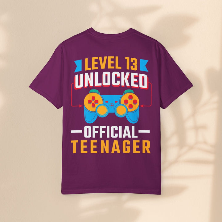 Sea Dragon Dreams purple cotton t-shirt with Level 13 Unlocked Official Teenager gamer graphic on the back