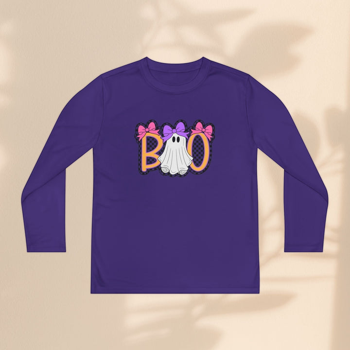 Sea Dragon Dreams youth long sleeve Halloween shirt in purple with a ghost Boo graphic featuring pink and purple bows.