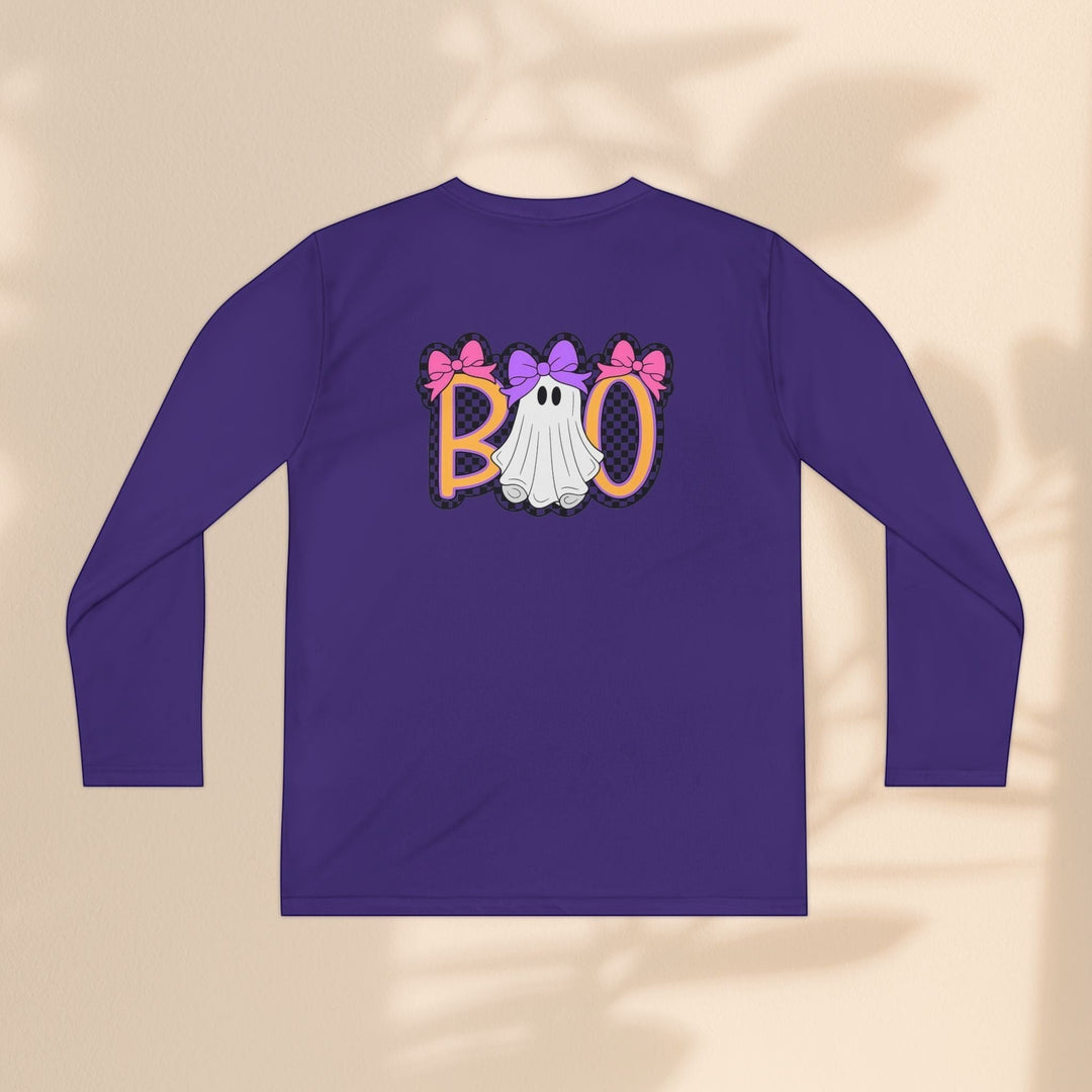 Sea Dragon Dreams purple long sleeve kids Halloween shirt with a ghost Boo graphic featuring pink and purple bows.