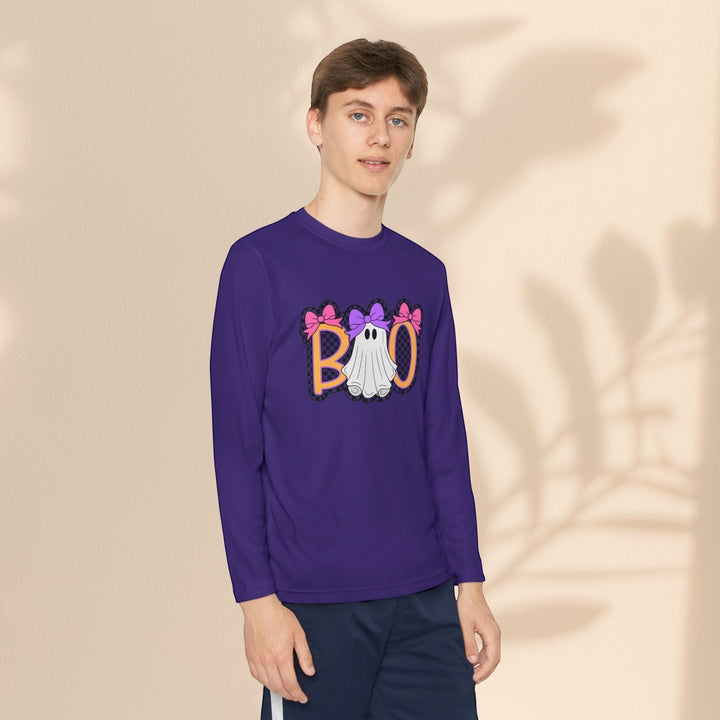 Sea Dragon Dreams youth long sleeve shirt in purple with a playful ghost Boo graphic featuring pink and purple bows.