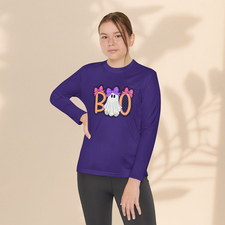 Sea Dragon Dreams youth long sleeve purple Halloween shirt featuring a ghost with pink bows and Boo lettering.