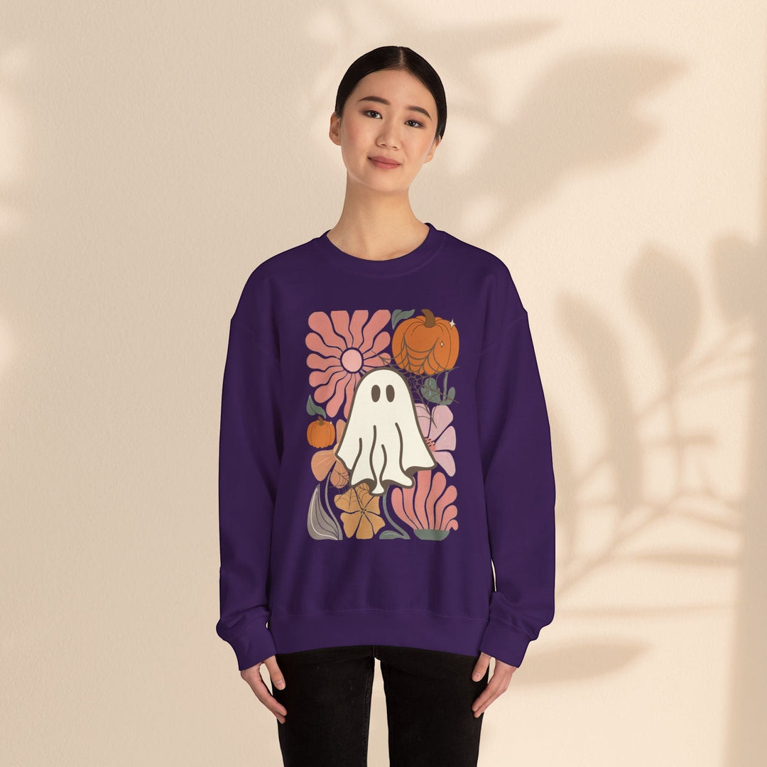 Sea Dragon Dreams unisex purple crewneck sweatshirt featuring a retro ghost, pumpkin, and floral graphic print.