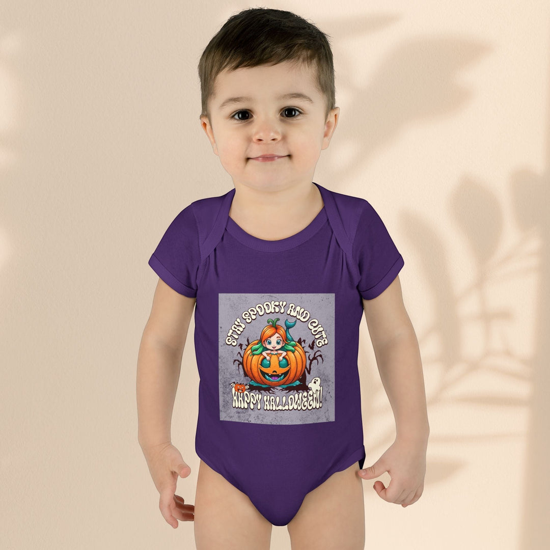 Sea Dragon Dreams infant purple bodysuit with Stay Spooky and Cute pumpkin graphic for Halloween