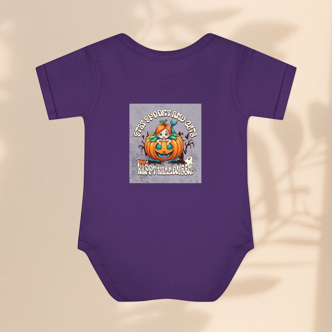 Sea Dragon Dreams purple infant bodysuit featuring a Stay Spooky and Cute pumpkin graphic for Halloween.