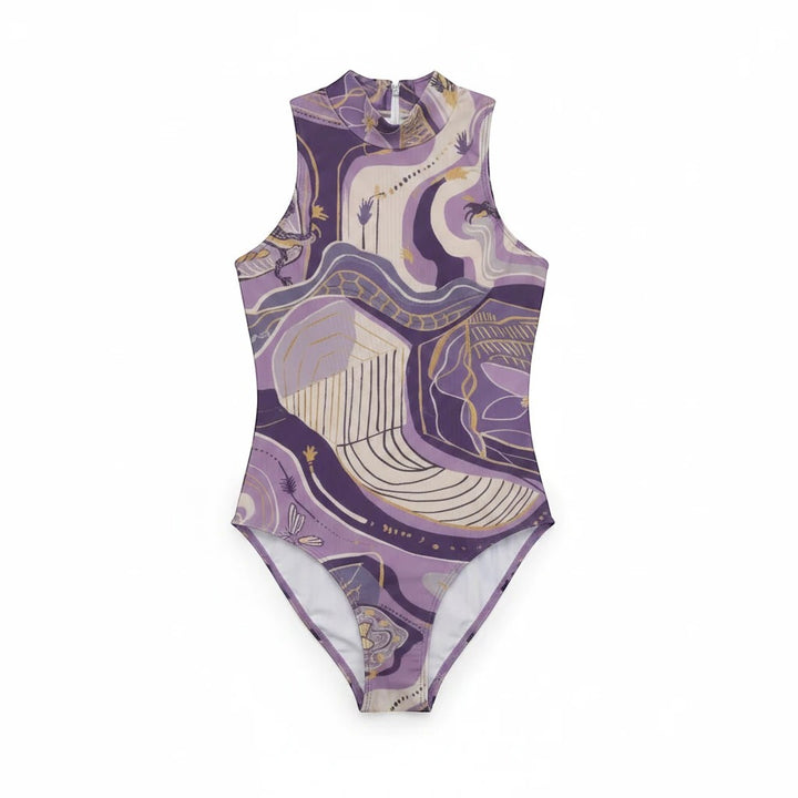 Sea Dragon Dreams sleeveless bodysuit in purple with an artistic abstract haze pattern and a half-high collar.