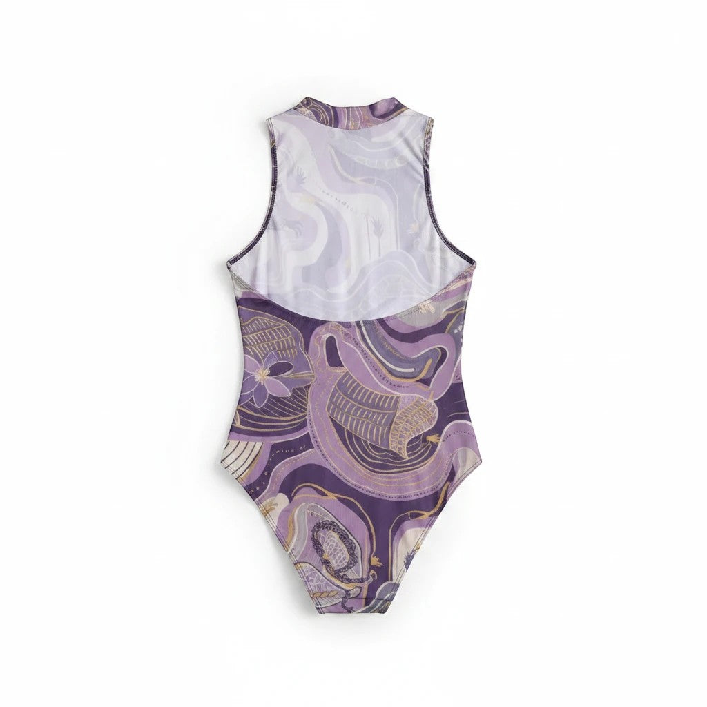 Sea Dragon Dreams sleeveless bodysuit in purple haze print with a half-high collar and fitted silhouette