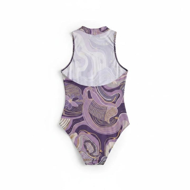 Sea Dragon Dreams sleeveless bodysuit in purple haze print with a half-high collar and fitted silhouette