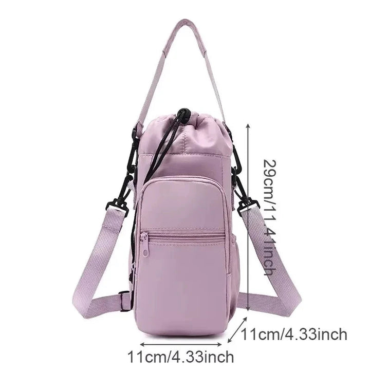 Sea Dragon Dreams light purple insulated water bottle carrier bag with adjustable shoulder strap and phone pocket