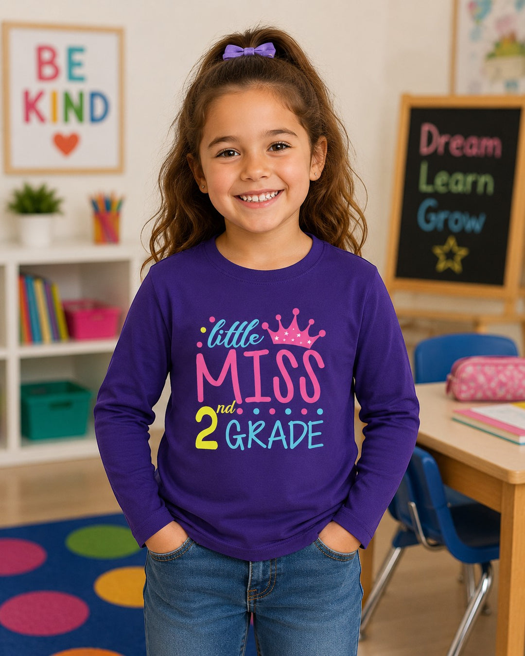 Sea Dragon Dreams purple long sleeve shirt with Little Miss 2nd Grade graphic worn by a smiling young girl in a classroom