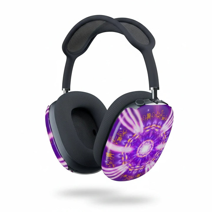Sea Dragon Dreams purple mandala protective shell covers on black AirPods Max headphones with intricate patterns.