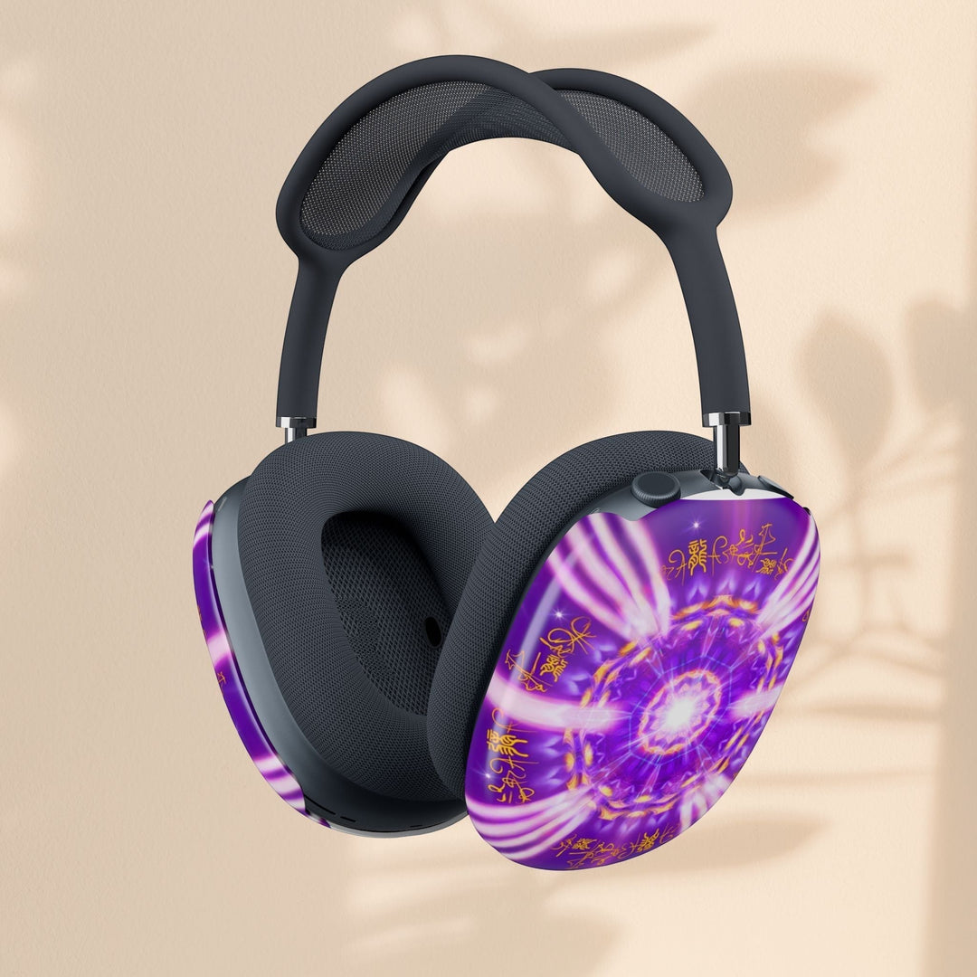 Sea Dragon Dreams AirPods Max protective shell case featuring a vibrant purple kaleidoscope mandala pattern.