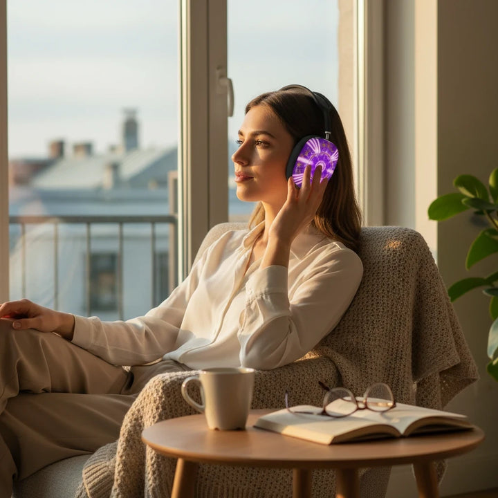 Sea Dragon Dreams purple mandala shell case on AirPods Max worn by a woman sitting in a sunlit room.