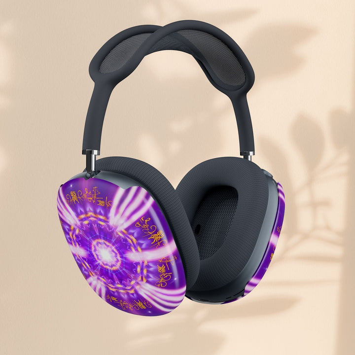 Sea Dragon Dreams purple mandala shell covers on black AirPods Max headphones against a neutral background.