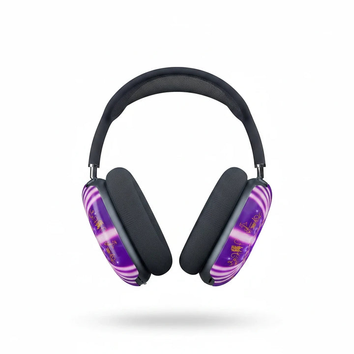 Sea Dragon Dreams purple mandala shell covers on black AirPods Max headphones with intricate kaleidoscopic patterns.