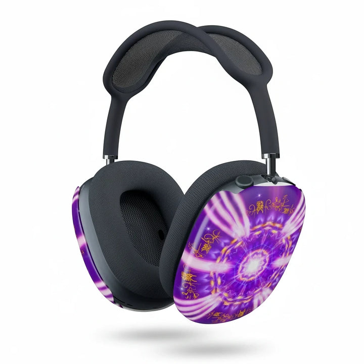Sea Dragon Dreams purple mandala protective shell covers on black AirPods Max headphones with intricate patterns.