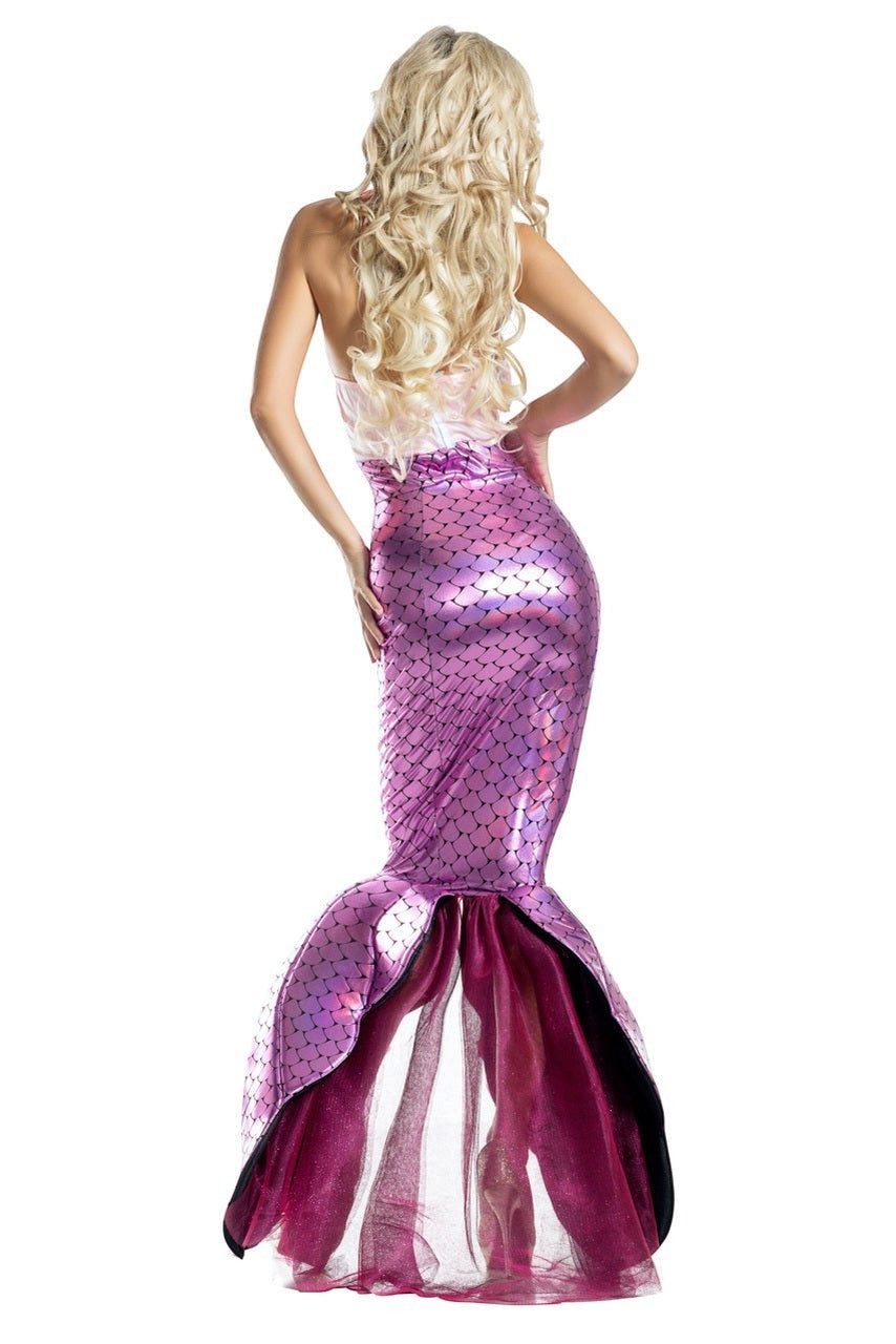 Sea Dragon Dreams Blushing Beauty mermaid costume with a shimmering purple scale-print tail and sheer hem