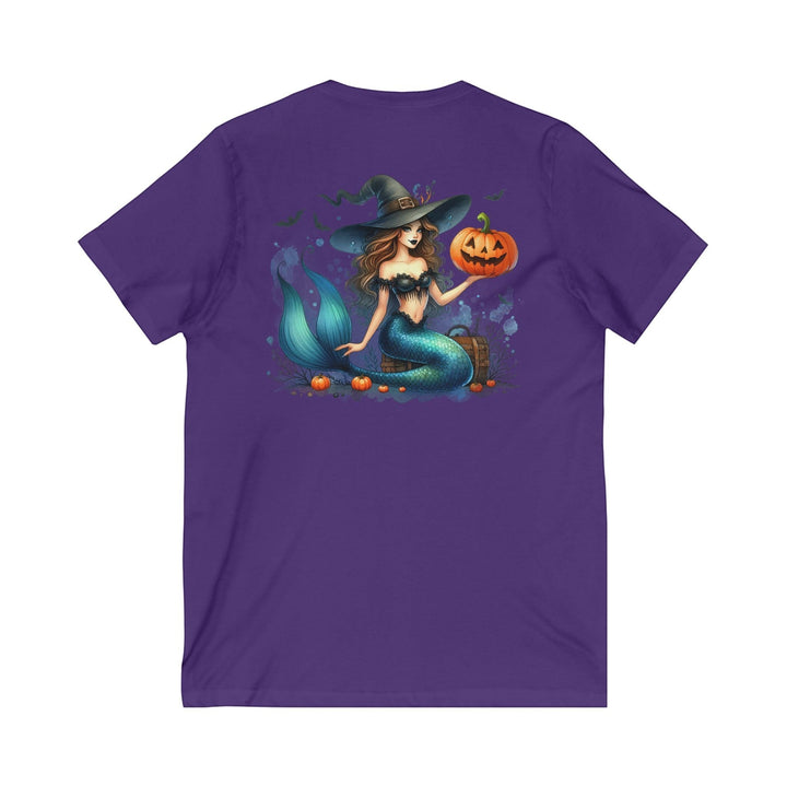 Sea Dragon Dreams purple v-neck t-shirt featuring a mermaid in a witch hat holding a pumpkin for Halloween.