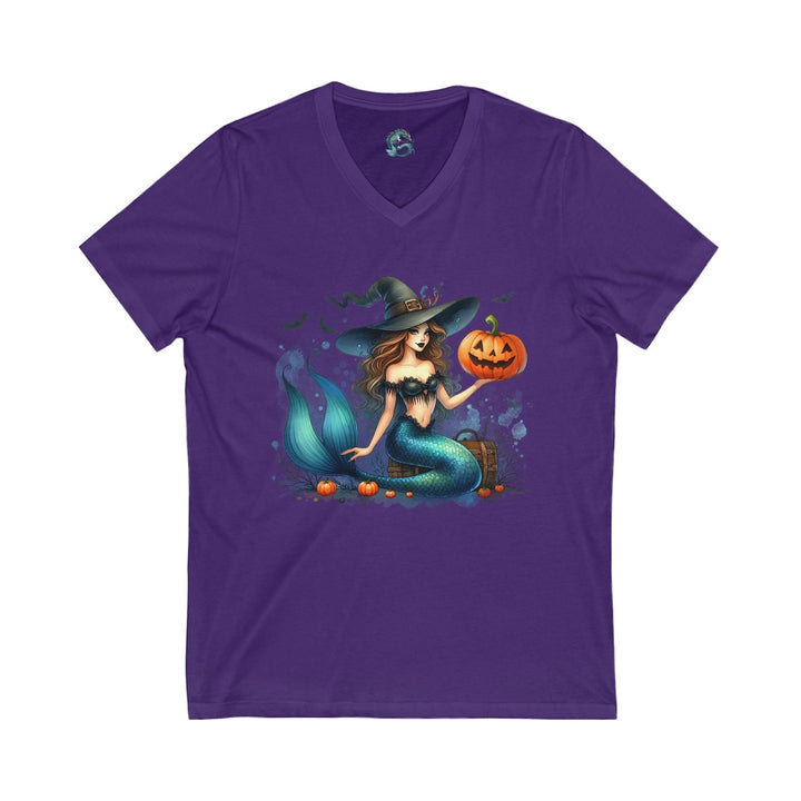 Sea Dragon Dreams purple V-neck t-shirt featuring a mermaid in a witch hat holding a jack-o-lantern for Halloween.