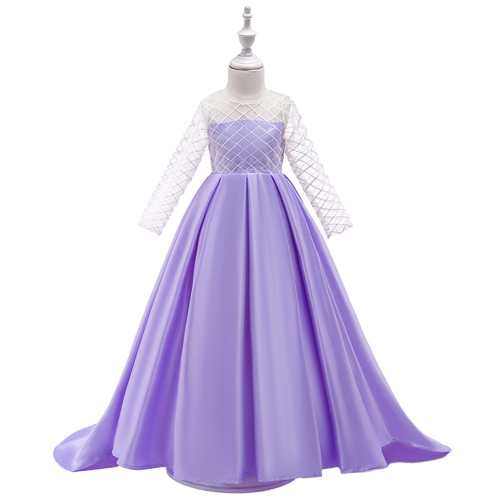 Sea Dragon Dreams girls' purple princess dress with long mesh sleeves and a flowing trailing skirt for formal events.