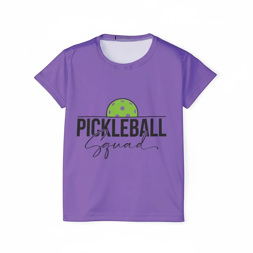Sea Dragon Dreams purple moisture-wicking sports jersey with Pickleball Squad graphic and green pickleball icon.
