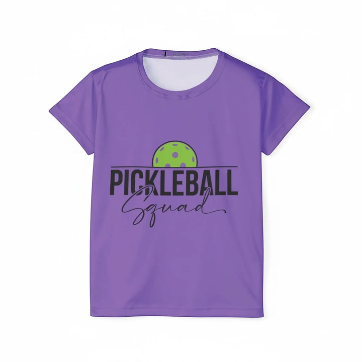 Sea Dragon Dreams purple moisture-wicking sports jersey with Pickleball Squad graphic and green pickleball icon.
