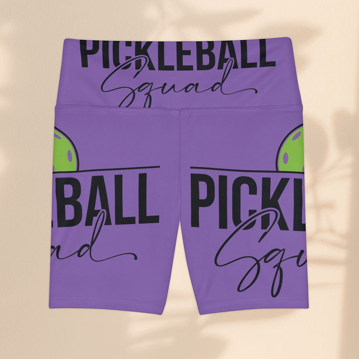 Sea Dragon Dreams purple polyester workout shorts featuring a Pickleball Squad graphic and elastic waistband.