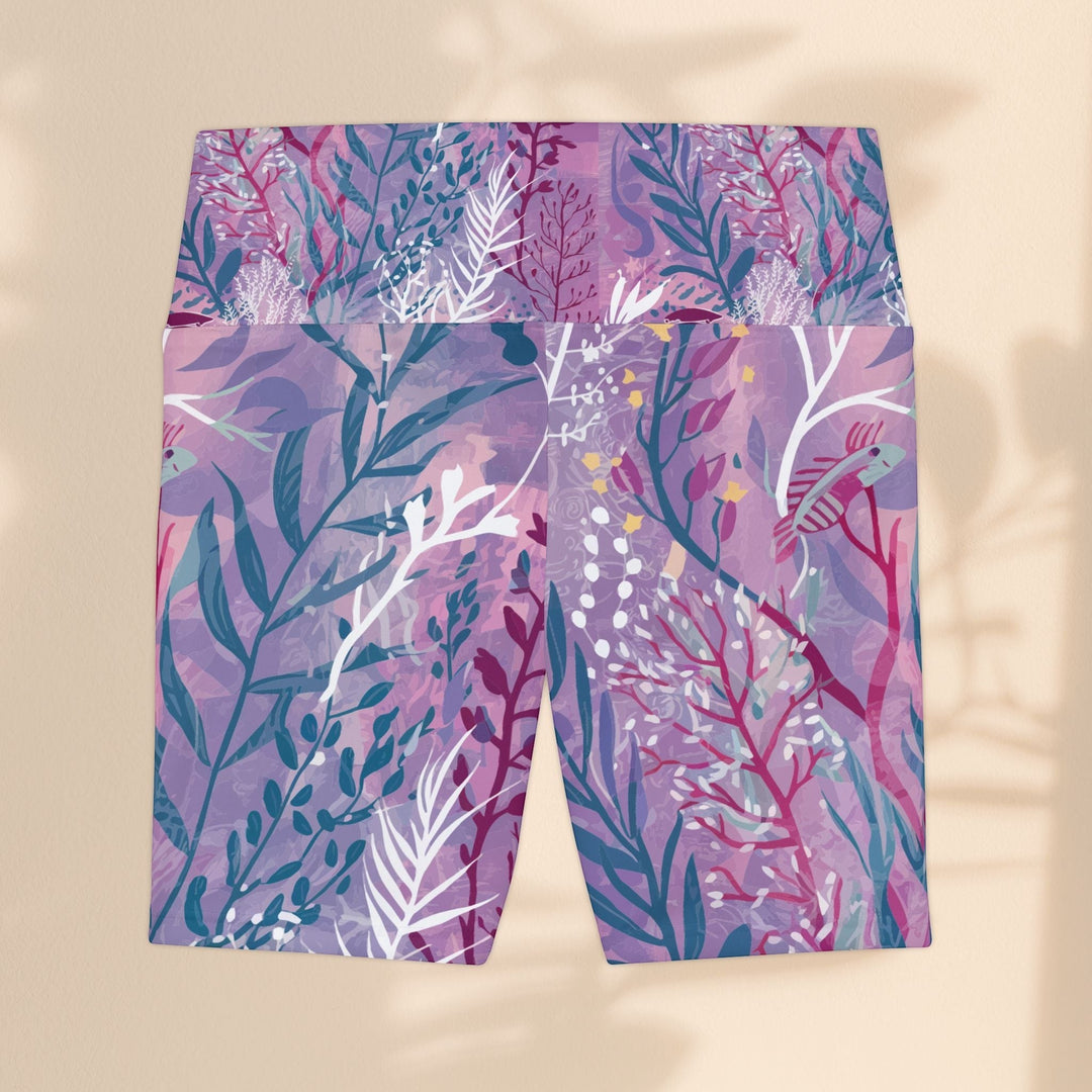 Sea Dragon Dreams purple seaweed print workout shorts in lightweight polyester with a flattering high-waisted fit.
