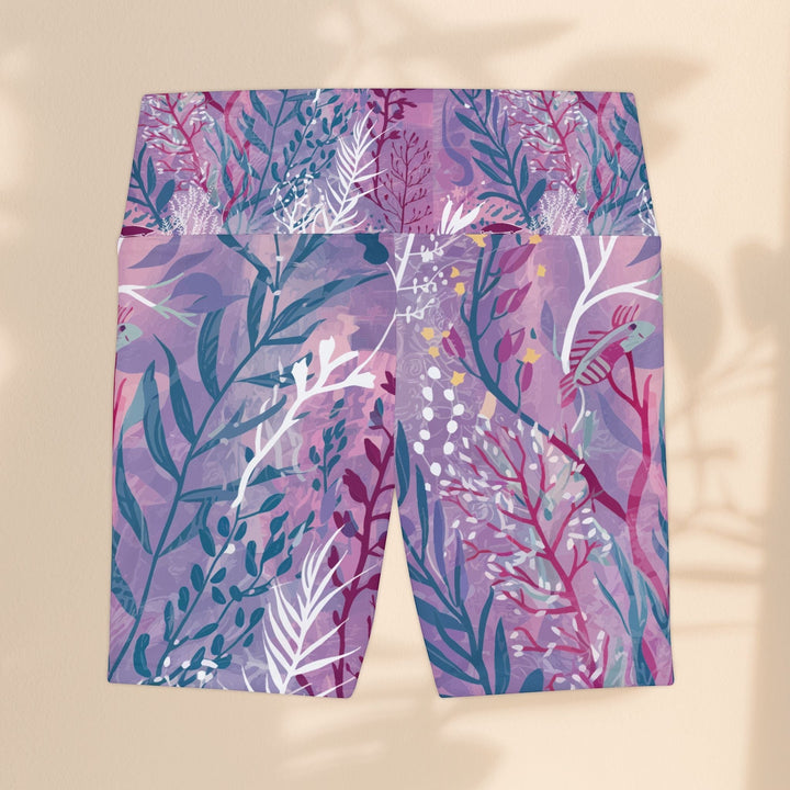 Sea Dragon Dreams purple seaweed print workout shorts in lightweight polyester with a flattering high-waisted fit.