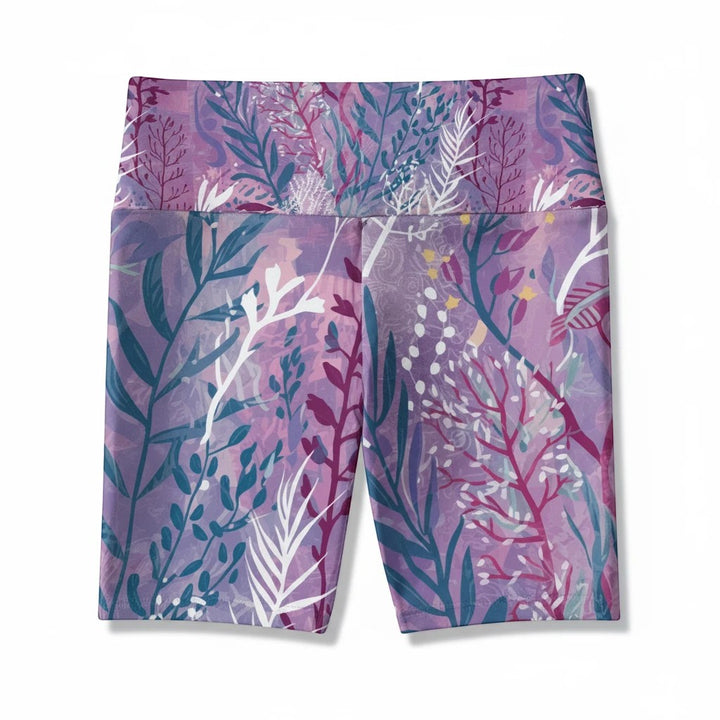 Sea Dragon Dreams purple seaweed print workout shorts in lightweight polyester with a high-waisted fit.